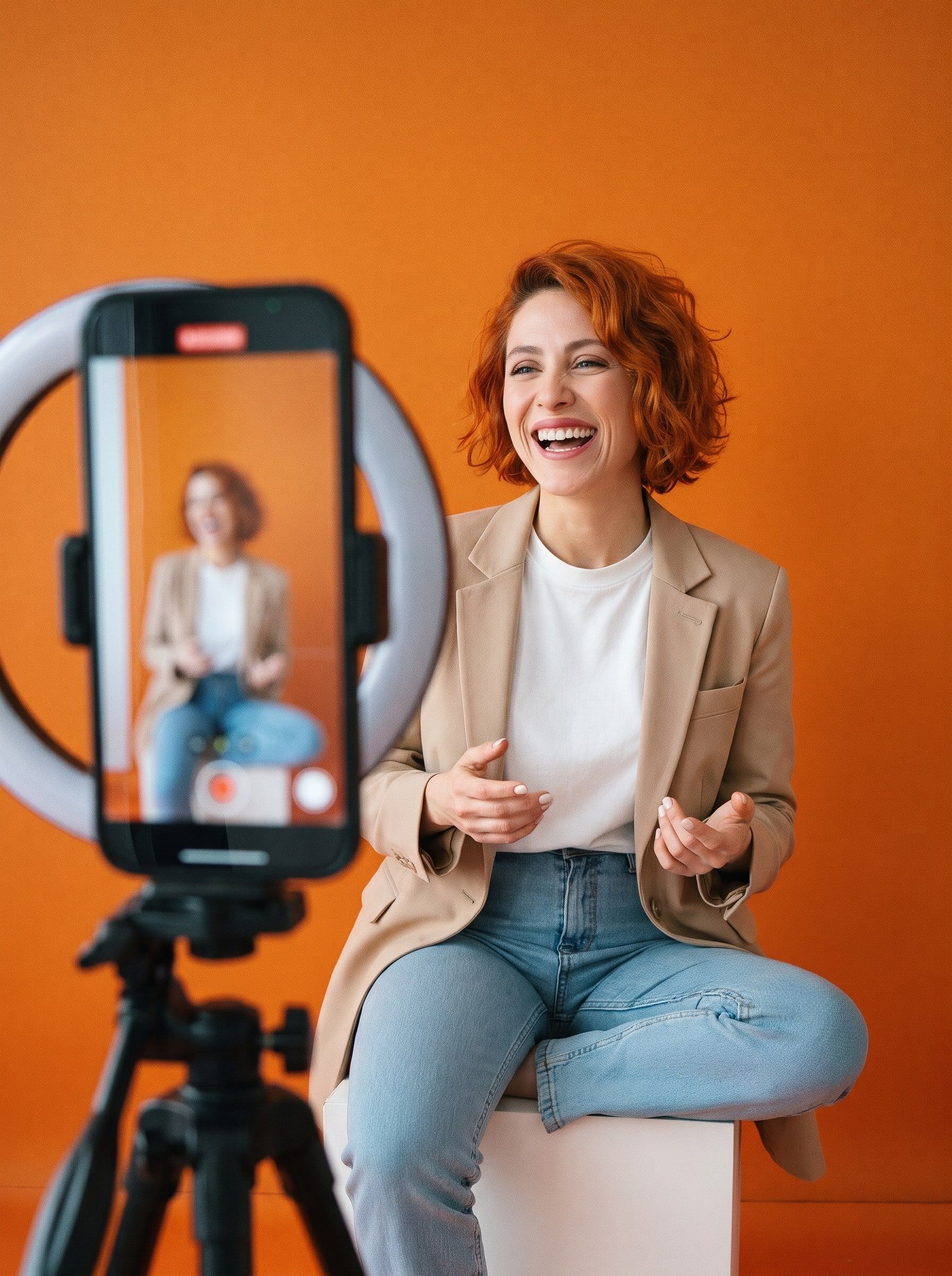 Cris grabando un vídeo con el móvil en un trípode